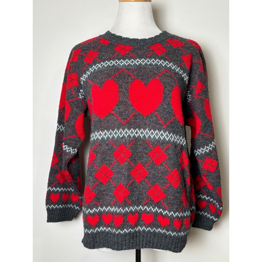 Adele Womens Vintage 80s Argyle Heart Sweater Red Gray M‎ Retro Crew Neck